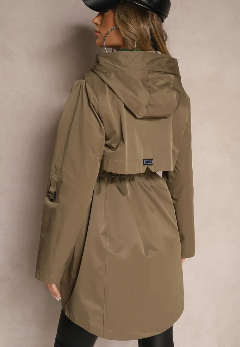 Ciemnozielona Kurtka Typu Parka ze Wzorzystymi Wstawkami w Kapturze i Podpinanych Rękawach Kailenna