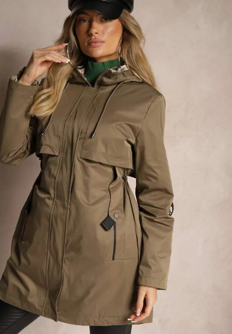 Ciemnozielona Kurtka Typu Parka ze Wzorzystymi Wstawkami w Kapturze i Podpinanych Rękawach Kailenna