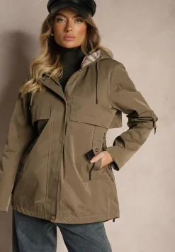 Ciemnozielona Kurtka Typu Parka z Troczkami w Talii Kapturem i Kieszeniami Kaivara