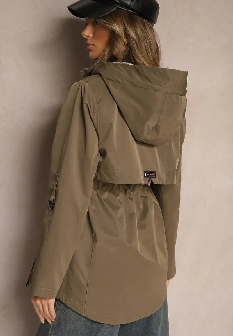 Ciemnozielona Kurtka Typu Parka z Troczkami w Talii Kapturem i Kieszeniami Kaivara