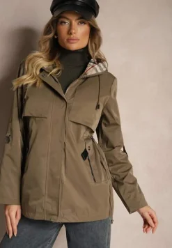 Ciemnozielona Kurtka Typu Parka z Troczkami w Talii Kapturem i Kieszeniami Kaivara