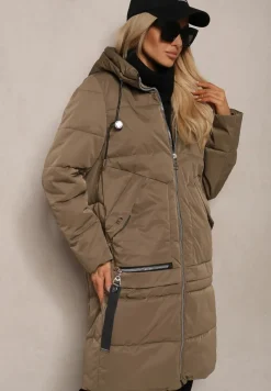 Ciemnozielona Kurtka z Pikowaniem o Prostym Fasonie z Kapturem Kieszeniami i Ozdobnym Suwakiem Mirimae