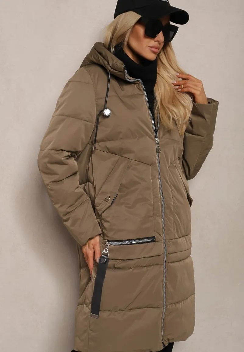 Ciemnozielona Kurtka z Pikowaniem o Prostym Fasonie z Kapturem Kieszeniami i Ozdobnym Suwakiem Mirimae