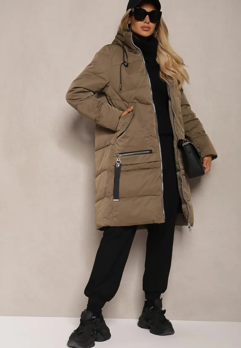 Ciemnozielona Kurtka z Pikowaniem o Prostym Fasonie z Kapturem Kieszeniami i Ozdobnym Suwakiem Mirimae