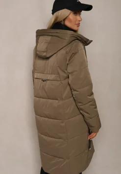 Ciemnozielona Kurtka z Pikowaniem o Prostym Fasonie z Kapturem Kieszeniami i Ozdobnym Suwakiem Mirimae