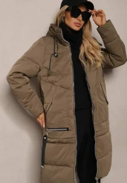 Ciemnozielona Kurtka z Pikowaniem o Prostym Fasonie z Kapturem Kieszeniami i Ozdobnym Suwakiem Mirimae