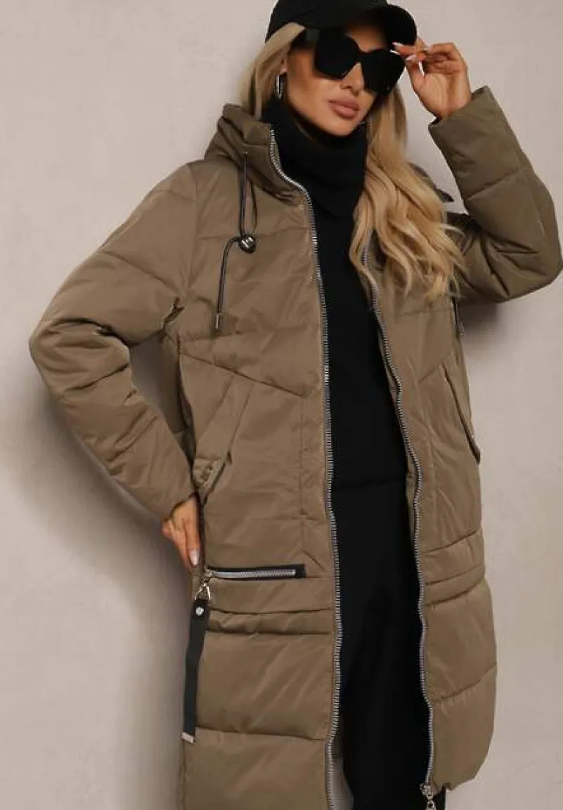 Ciemnozielona Kurtka z Pikowaniem o Prostym Fasonie z Kapturem Kieszeniami i Ozdobnym Suwakiem Mirimae