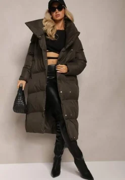 Ciemnozielona Kurtka z Wysokim Kołnierzem Zapinana na Napy z Paskiem Luliriva