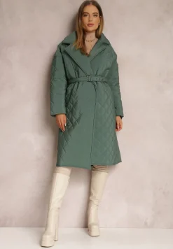 Ciemnozielona Kurtka za Kolano z Paskiem Pikowana Oversize Ugduca