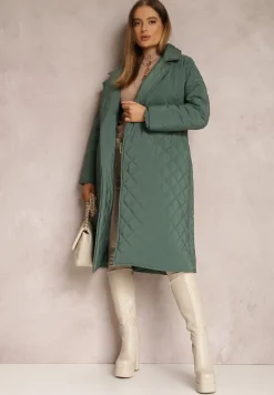 Ciemnozielona Kurtka za Kolano z Paskiem Pikowana Oversize Ugduca
