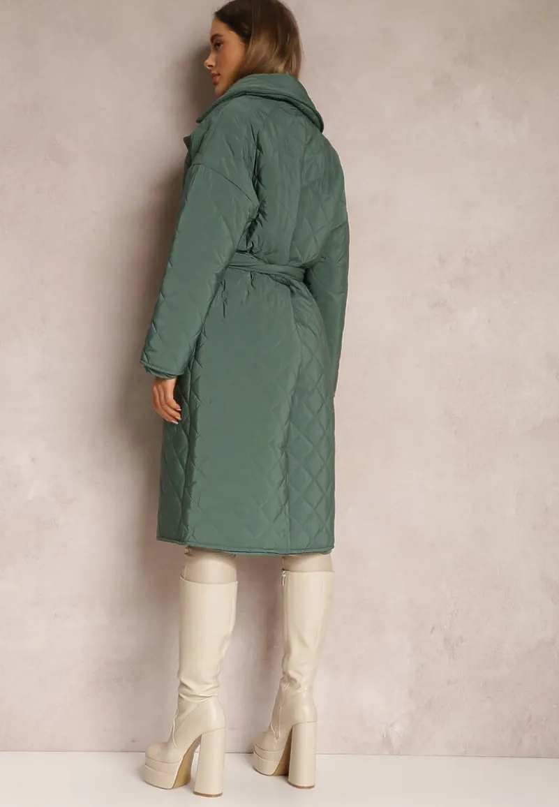 Ciemnozielona Kurtka za Kolano z Paskiem Pikowana Oversize Ugduca