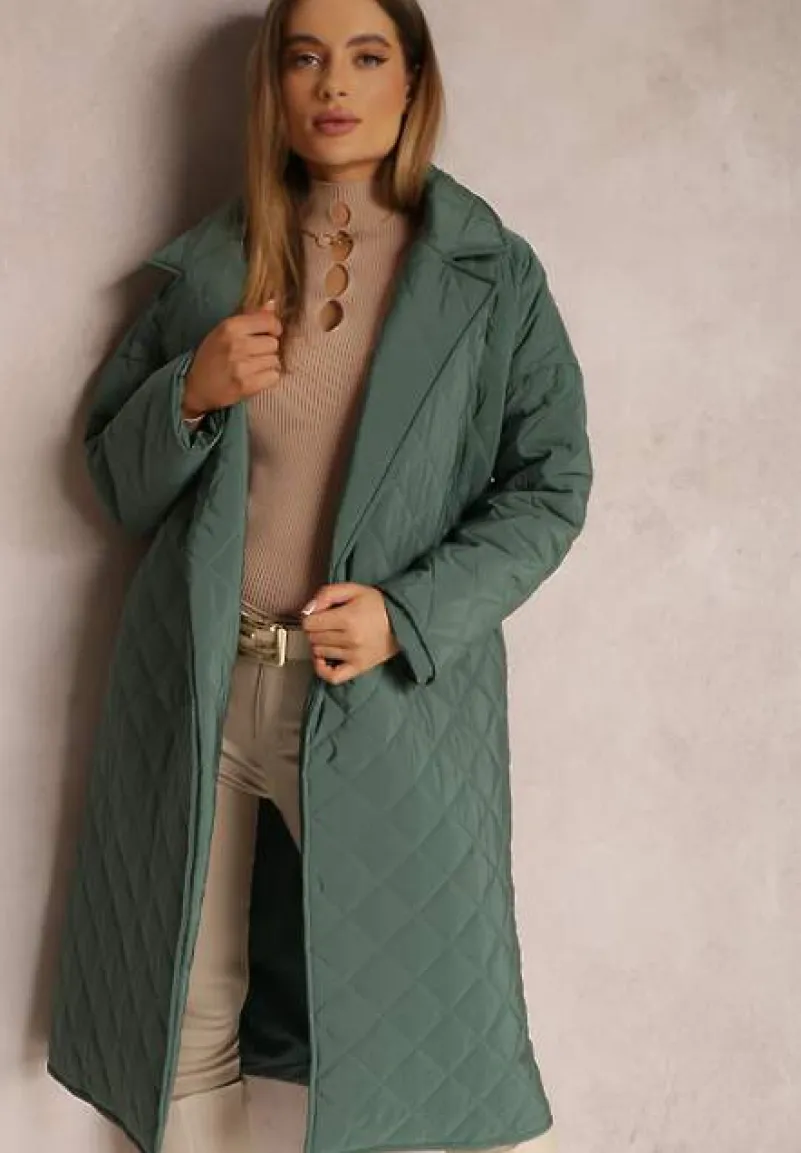 Ciemnozielona Kurtka za Kolano z Paskiem Pikowana Oversize Ugduca