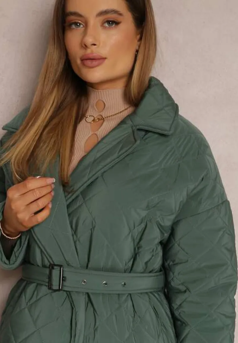 Ciemnozielona Kurtka za Kolano z Paskiem Pikowana Oversize Ugduca