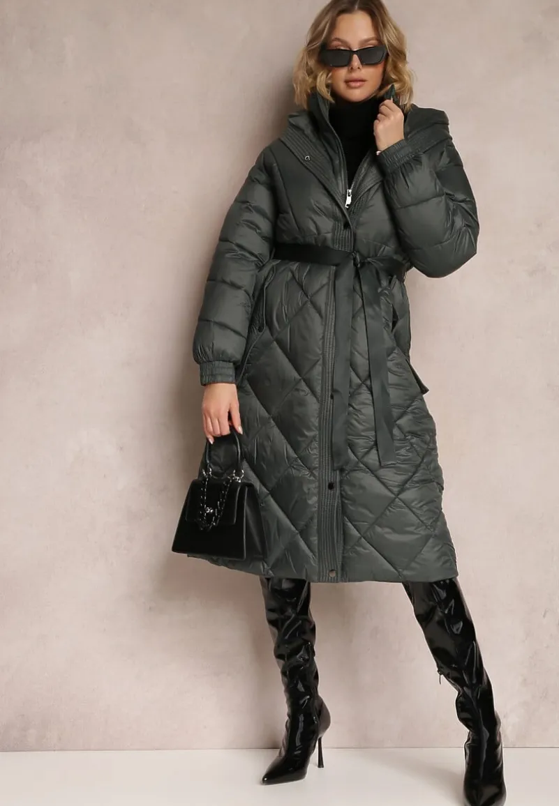 Ciemnozielona Kurtka za Kolano Pikowana z Wiązanym Paskiem Cealia