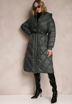 Ciemnozielona Kurtka za Kolano Pikowana z Wiązanym Paskiem Cealia