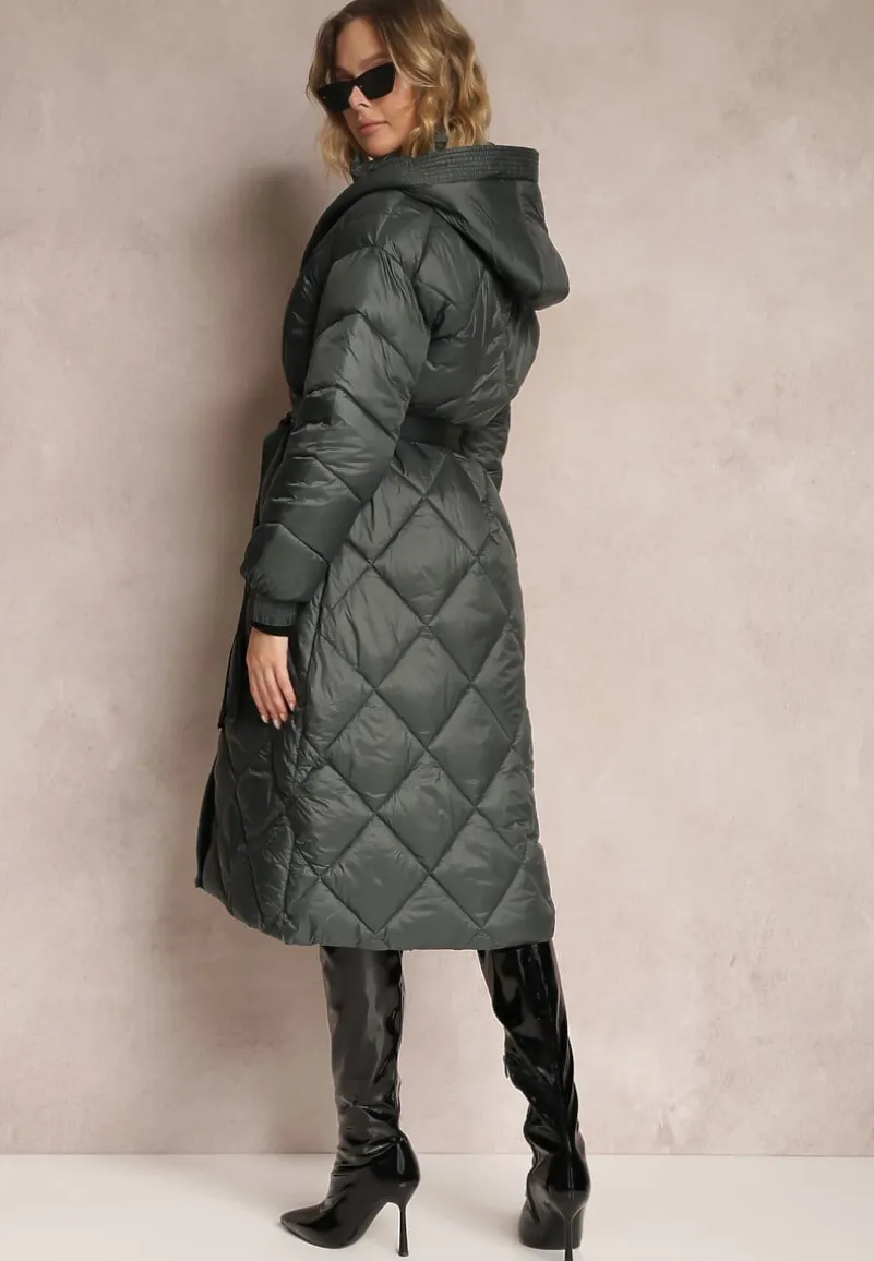 Ciemnozielona Kurtka za Kolano Pikowana z Wiązanym Paskiem Cealia