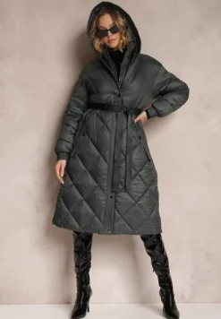 Ciemnozielona Kurtka za Kolano Pikowana z Wiązanym Paskiem Cealia