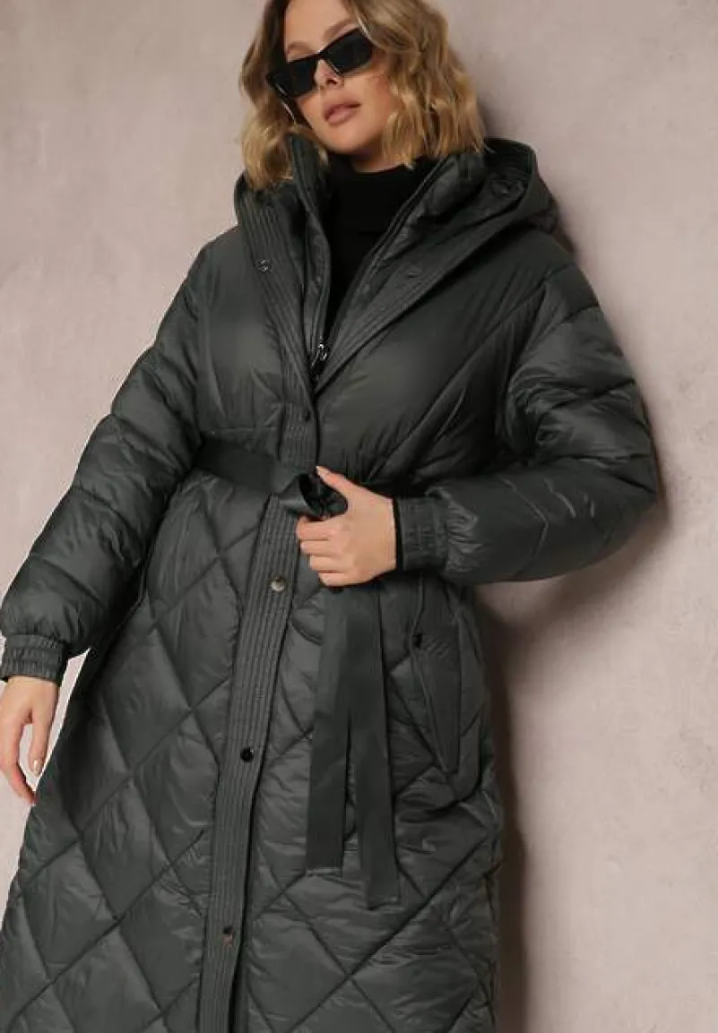 Ciemnozielona Kurtka za Kolano Pikowana z Wiązanym Paskiem Cealia