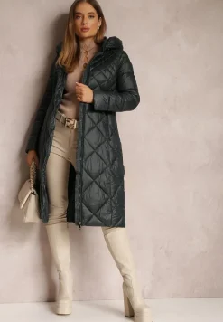 Ciemnozielona Kurtka za Kolano Pikowana Fipha