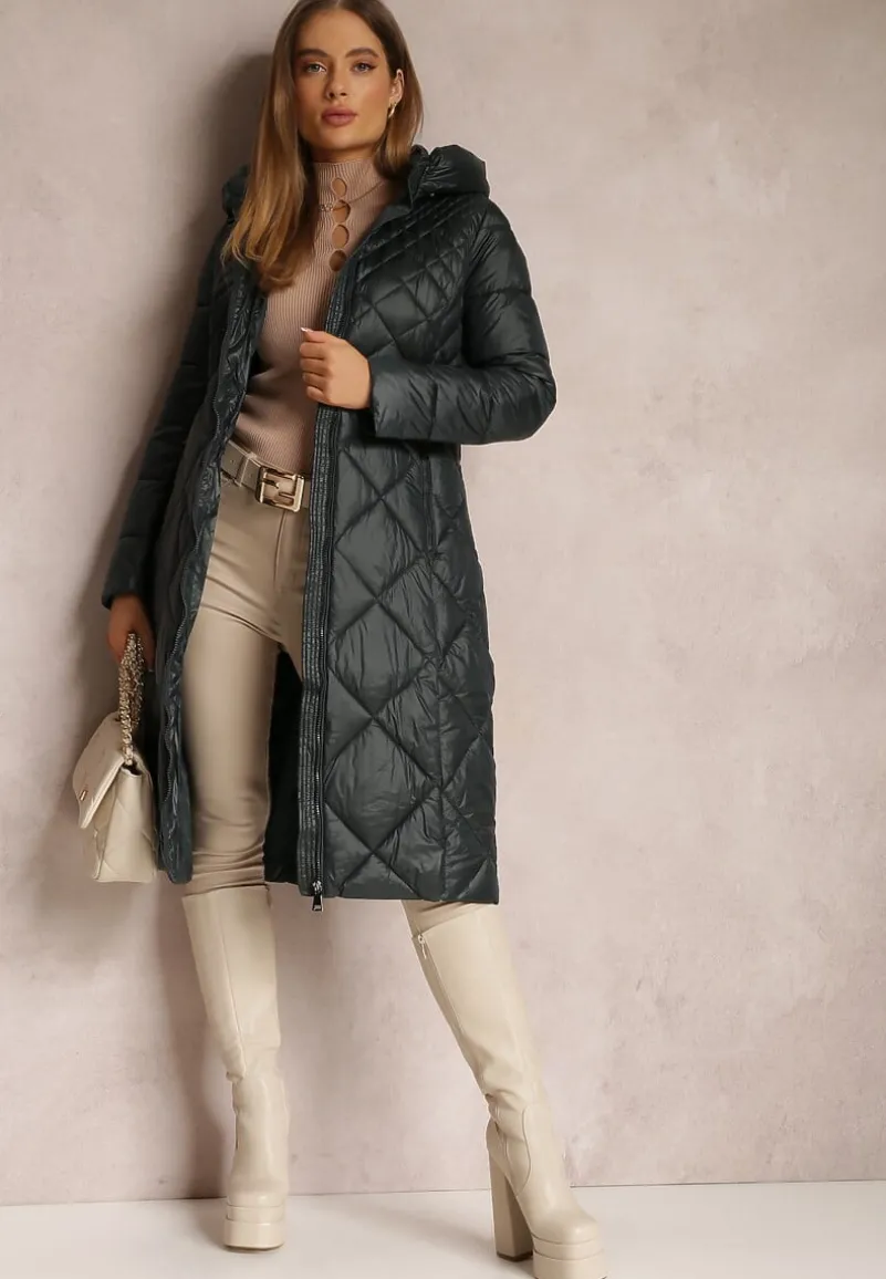 Ciemnozielona Kurtka za Kolano Pikowana Fipha