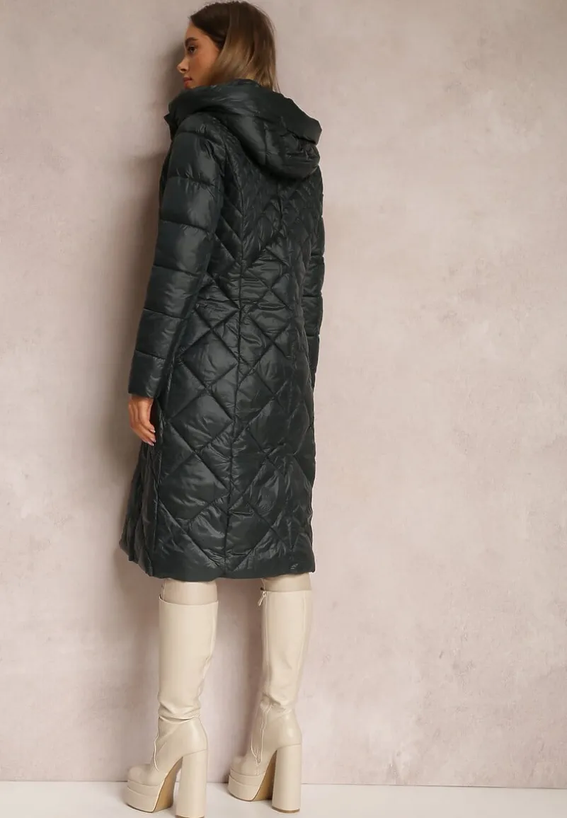 Ciemnozielona Kurtka za Kolano Pikowana Fipha