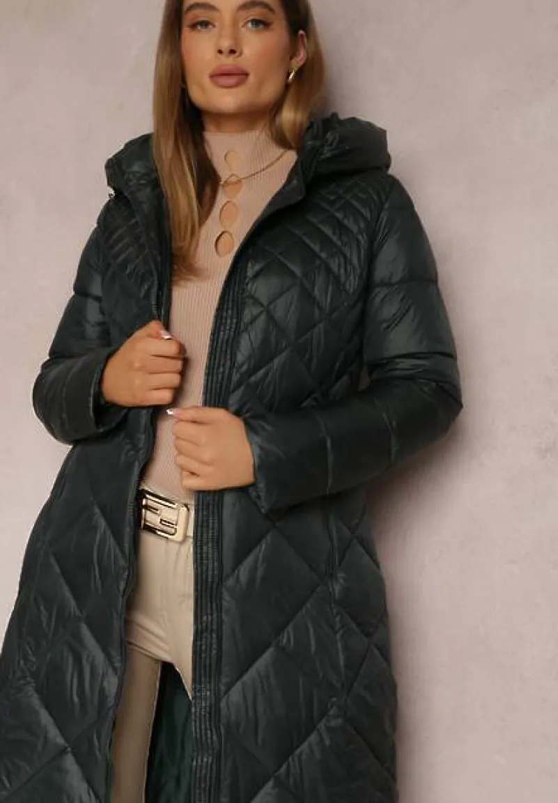 Ciemnozielona Kurtka za Kolano Pikowana Fipha