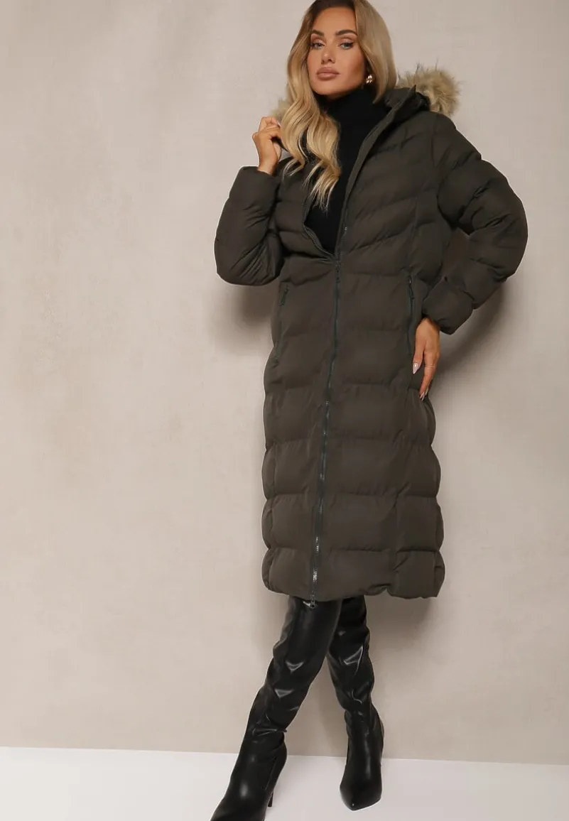 Ciemnozielona Kurtka Zimowa z Pikowanymi Przeszyciami i Kapturem z Futrem Alirina