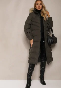 Ciemnozielona Kurtka Zimowa z Pikowanymi Przeszyciami i Kapturem z Futrem Alirina