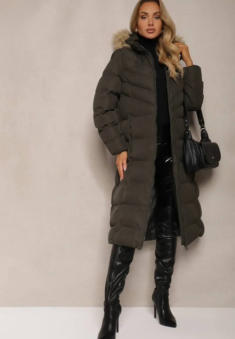 Ciemnozielona Kurtka Zimowa z Pikowanymi Przeszyciami i Kapturem z Futrem Alirina
