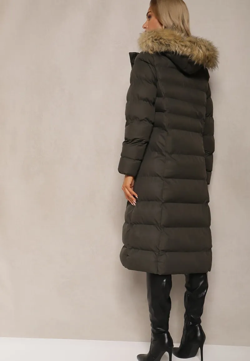 Ciemnozielona Kurtka Zimowa z Pikowanymi Przeszyciami i Kapturem z Futrem Alirina