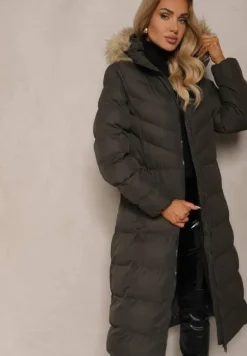 Ciemnozielona Kurtka Zimowa z Pikowanymi Przeszyciami i Kapturem z Futrem Alirina