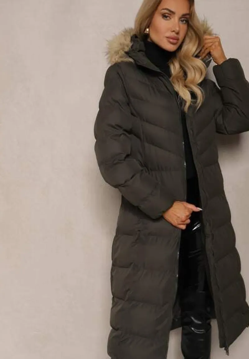 Ciemnozielona Kurtka Zimowa z Pikowanymi Przeszyciami i Kapturem z Futrem Alirina