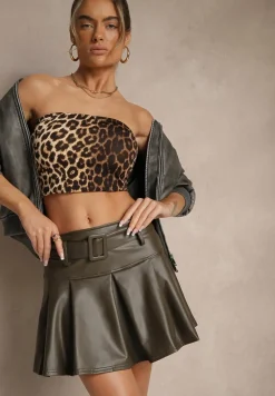 Ciemnozielona Ocieplana Rozkloszowana Spódnica High Waist o Plisowanym Kroju z Ekoskóry z Paskiem Asitha