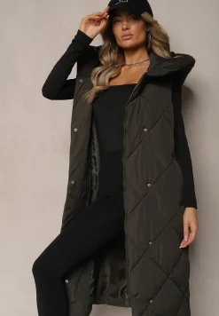 Ciemnozielona Pikowana Kamizelka na Suwak z Kapturem i Kołnierzem Mivovia