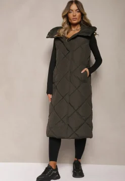 Ciemnozielona Pikowana Kamizelka na Suwak z Kapturem i Kołnierzem Mivovia