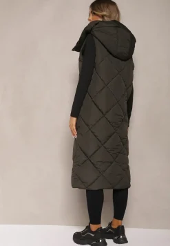 Ciemnozielona Pikowana Kamizelka na Suwak z Kapturem i Kołnierzem Mivovia