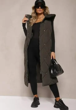 Ciemnozielona Pikowana Kamizelka na Suwak z Kapturem i Kołnierzem Mivovia