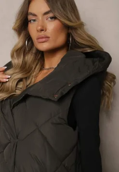 Ciemnozielona Pikowana Kamizelka na Suwak z Kapturem i Kołnierzem Mivovia