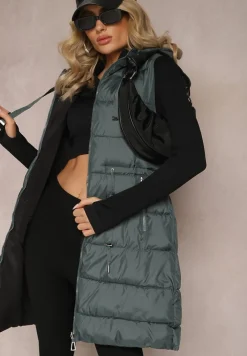 Ciemnozielona Pikowana Kamizelka Dwustronna z Troczkiem w Pasie o Wydłużonym Fasonie Selinorda