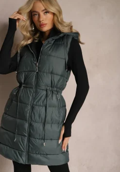 Ciemnozielona Pikowana Kamizelka Dwustronna z Troczkiem w Pasie o Wydłużonym Fasonie Selinorda