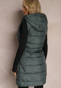 Ciemnozielona Pikowana Kamizelka Dwustronna z Troczkiem w Pasie o Wydłużonym Fasonie Selinorda