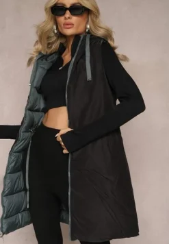 Ciemnozielona Pikowana Kamizelka Dwustronna z Troczkiem w Pasie o Wydłużonym Fasonie Selinorda