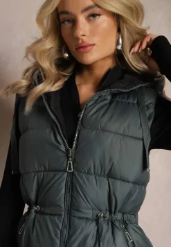 Ciemnozielona Pikowana Kamizelka Dwustronna z Troczkiem w Pasie o Wydłużonym Fasonie Selinorda