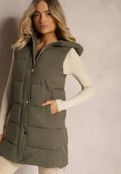 Ciemnozielona Pikowana Kamizelka z Kapturem i Napami Dinesta