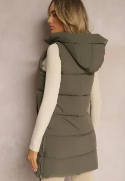 Ciemnozielona Pikowana Kamizelka z Kapturem i Napami Dinesta