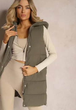 Ciemnozielona Pikowana Kamizelka z Kapturem i Napami Dinesta