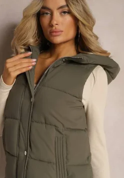 Ciemnozielona Pikowana Kamizelka z Kapturem i Napami Dinesta