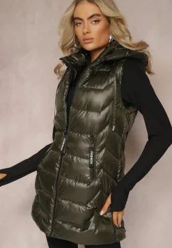 Ciemnozielona Pikowana Kamizelka Długa z Kapturem Odpinanym Raelliana