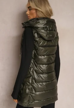 Ciemnozielona Pikowana Kamizelka Długa z Kapturem Odpinanym Raelliana