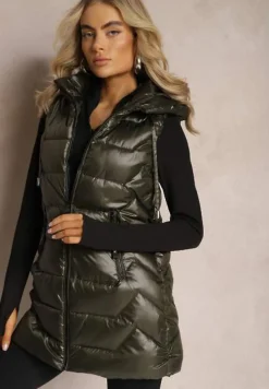 Ciemnozielona Pikowana Kamizelka Długa z Kapturem Odpinanym Raelliana